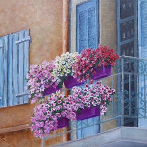 May include: A painting of a balcony with blue shutters and a wrought iron railing. There are four flower pots with pink, white, and red flowers hanging from the railing.