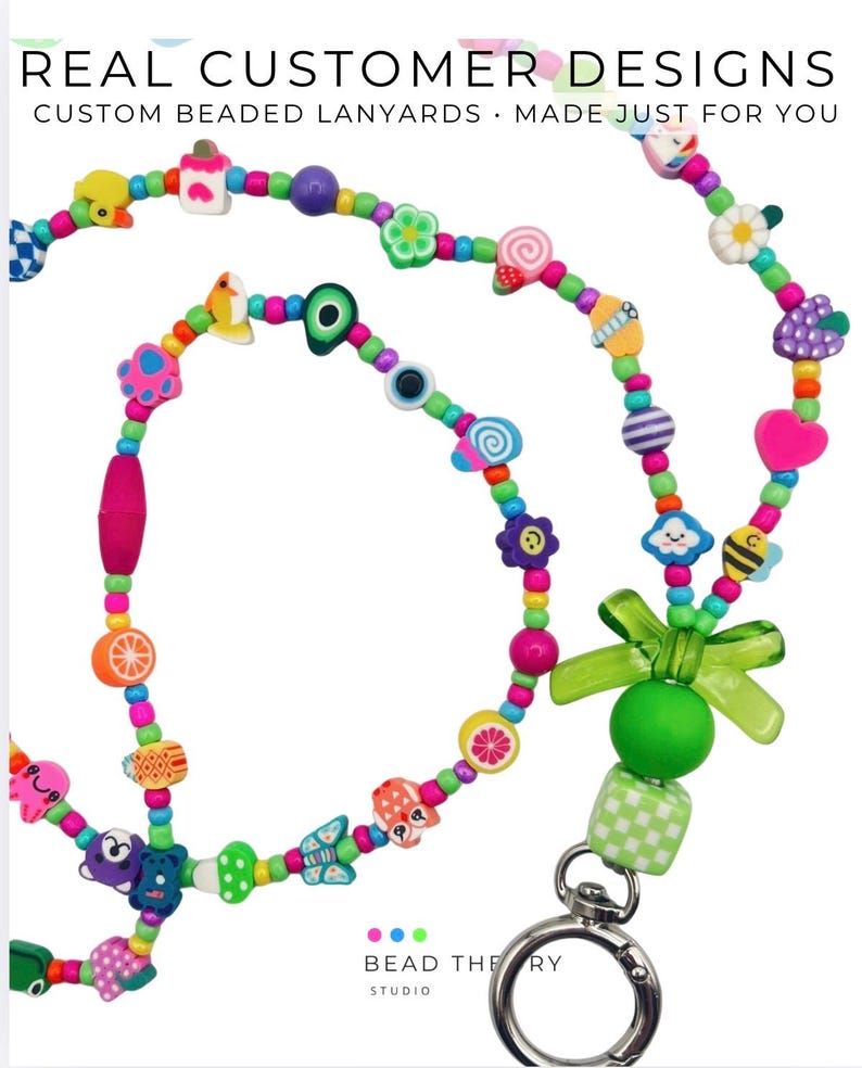 May include: A custom beaded lanyard featuring a variety of colorful charms including fruits, animals, flowers, and geometric shapes. The lanyard includes a green translucent bow, a large green bead, a checkered cube, and a silver metal lobster clasp.