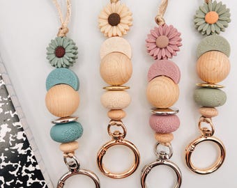 Boho Floral Moon Teacher Lanyard: Silicone Wood Bead Necklace