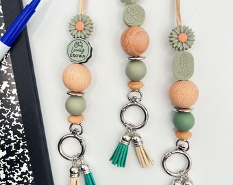 Floral Beaded Teacher Lanyard: Boho Botanical Badge Holder