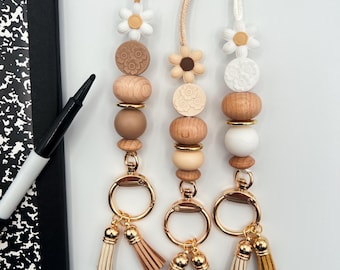 Daisy Teacher Lanyard: Boho Wood Bead ID Badge Holder