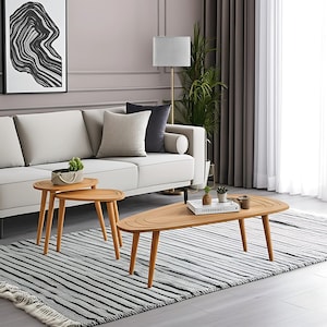 Solid Natural Wood Coffee Table and 2-Piece Nesting Table Set, Modern Solid Side and Center Table Set - Mid Century Coffee Table Wood