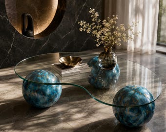 Tavolino da caffè in vetro a forma di fagiolo, gambe a sfera blu, tavolino centrale moderno di lusso, mobile di design per soggiorno, decorazione scultorea, arredamento per la casa