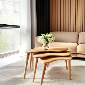 Asymmetric Natural Solid Natural Wood Zigon Coffee Table Set of 3 - Modern Scandinavian Style Solid Side Table - Mothers Day Gift-Table Set