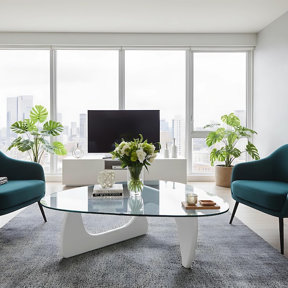 モダンなオーバルガラスコーヒーテーブル：ミニマルな幾何学的デザイン