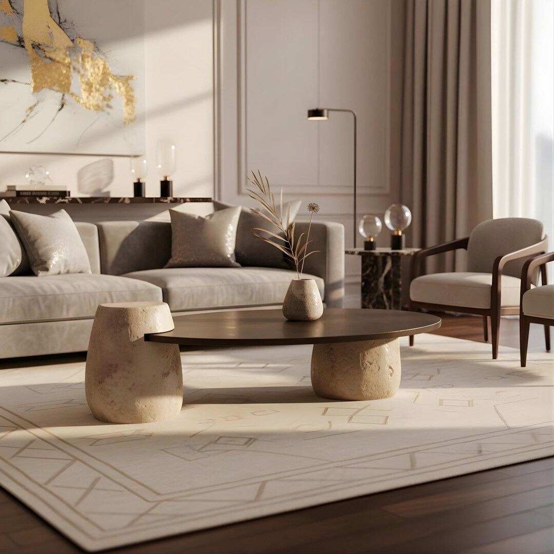 Handmade Travertine Round Coffee Table – Modern Living Room Furniture ...