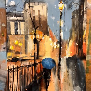 May include: An oil painting shows a rainy city street at night. A person with a blue umbrella walks along a wet pavement. Streetlights illuminate the buildings and the rain. The color palette includes blues, oranges, and browns.