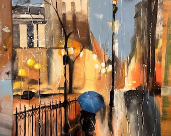 May include: An oil painting depicts a rainy city street scene at night. A person with a blue umbrella walks along a wet sidewalk. Streetlights illuminate the buildings and the rain. The color palette includes blues, oranges, and browns.