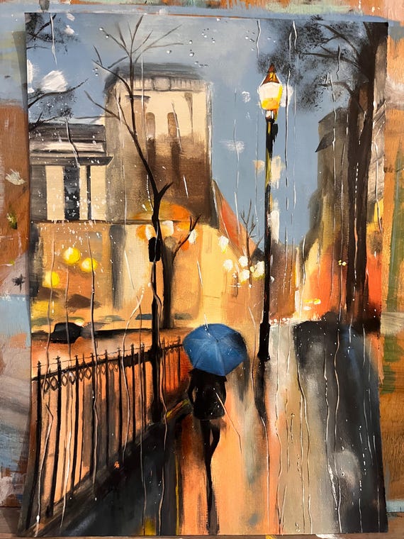 Картина "Есенен дъжд" - оригинална акрилна картина върху картон | Autumn Rain Stroll - Original Acrylic Painting on Cardboard