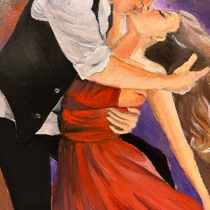May include: An oil painting depicts a romantic scene of a couple embracing and kissing. The man wears a white shirt, black vest, and pants. The woman is in a red dress. The background is a mix of purple and orange hues.