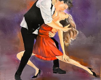 May include: An oil painting depicts a couple dancing. The man wears a white shirt, black vest, and pants. The woman is in a red dress. The background is a blend of purple, brown, and orange hues. The couple is embracing in a passionate dance.