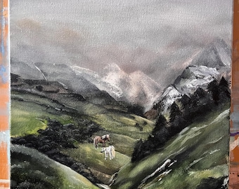 Mountain Serenity – 馬のいるオリジナルのアクリル風景画 | Планинско