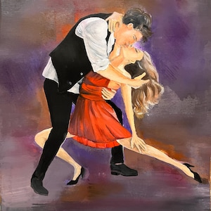May include: An oil painting depicts a couple dancing. The man wears a white shirt, black vest, and pants. The woman is in a red dress. The background has shades of purple, brown, and orange.