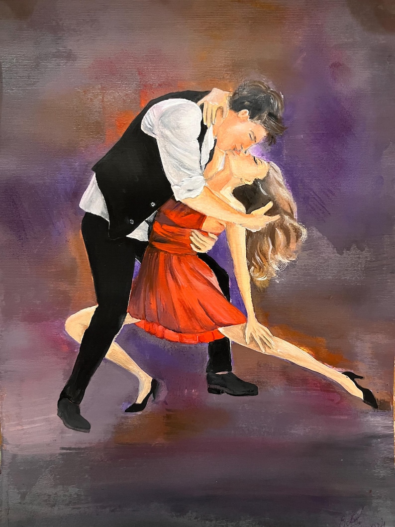 May include: An oil painting depicts a couple dancing. The man wears a white shirt, black vest, and pants. The woman is in a red dress. The background has shades of purple, brown, and orange.