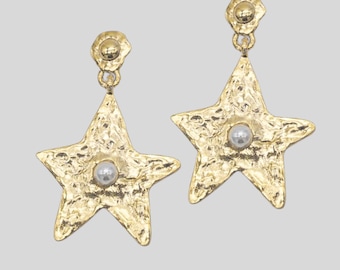 Goldene Stern Ohrringe mit Perle · Handgemacht & Nickelfrei