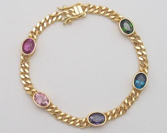 Pulsera de eslabones con circonitas de colores · Chapada en oro de 14 quilates · Pulsera de cadena con 5 colores · Cierre magnético · Regalo para ella · Libre de níquel