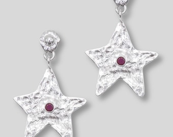 Pendientes de estrella de plata con piedra rosa · Plata de ley 925 · Pendientes celestiales · Regalo para ella · Hechos a mano, sin níquel