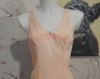 1960s peach apricot vintage slip, soft lace trim full underdress, Romantic Mid-Century lingerie