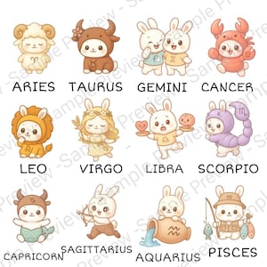 12 Kawaii Zodiac Bunny Stickers - Zodiac Signs – 12 files PNG - 1024x1024 px - Instant Download.