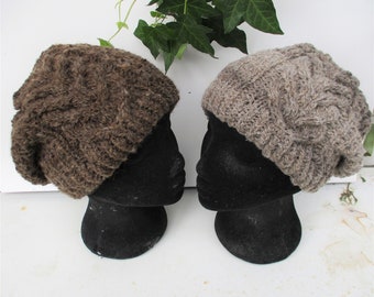 Slouchy Style Handspun Beanie - Hand Knitted with a Cable Panel in a Variety of Naturally Coloured Handspun Australian Pure Wool.