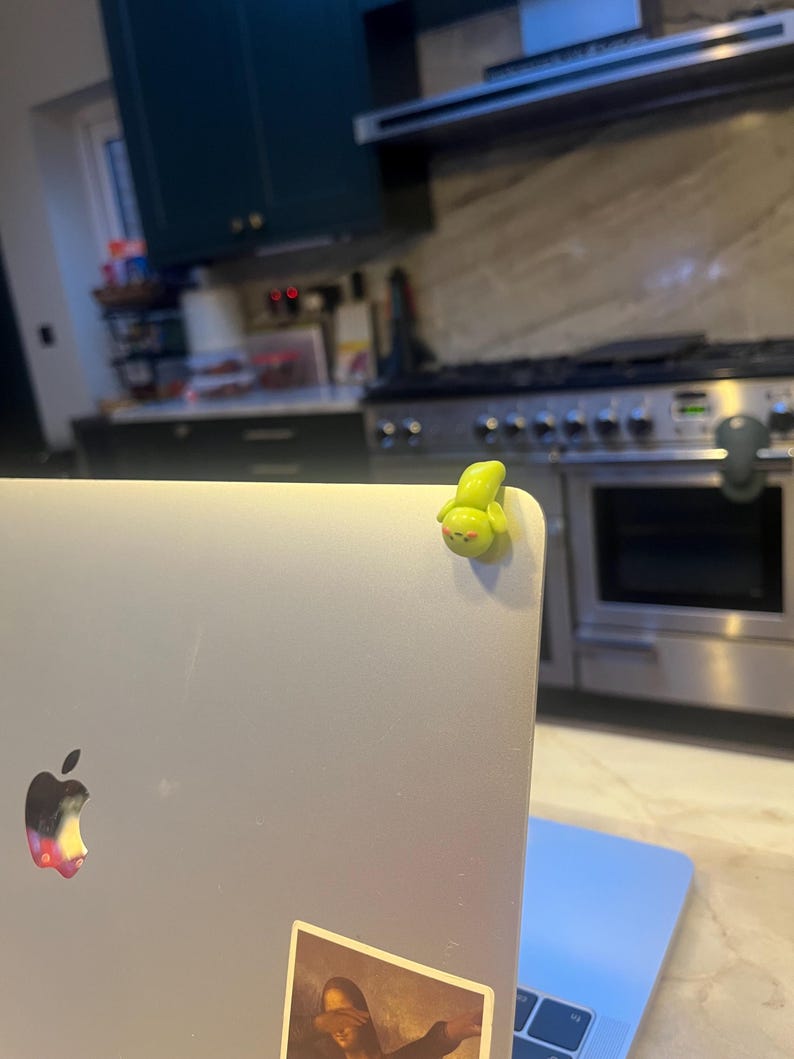 Op de afbeelding: Een zilveren laptop met een kleurrijk Apple-logo en een kleine, groene, cartoonachtige figuur aan de bovenkant bevestigd. Er zit een sticker van een schilderij op de laptop. De laptop is open en onthult een lichtblauw toetsenbord.