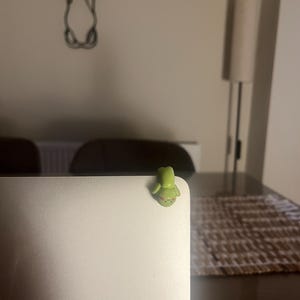 Op de afbeelding: Een kleine, groene kikker-vormige hoekbeschermer voor laptops. De kikker heeft een lichtgroen lichaam met een donkerdere groene kop en kleine, roze wangen. Het is bevestigd aan de hoek van een zilveren laptop.