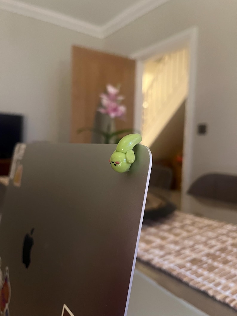 Op de afbeelding: Een lichtgroene, cartoonachtige, wormvormige laptopcharm. De charm is bevestigd aan de hoek van een zilveren laptop. De worm heeft kleine zwarte ogen en een rode mond. De achtergrond is wazig.