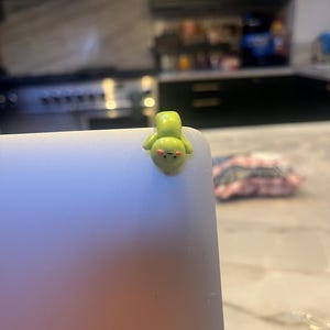 Op de afbeelding: Een kleine, groene figuur in cartoonstijl met een rond gezicht en kleine armen is bevestigd aan de hoek van een laptop. De figuur heeft een lichtgroen lichaam, een roze gezicht en zwarte ogen. De laptop is zilver.
