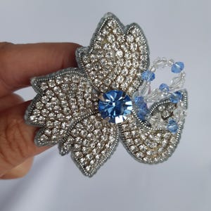 Crystal Flower Brooch • Hand-Embroidered with Rhinestone Chain • Silver & Blue Sparkle • Handmade Gift for Her