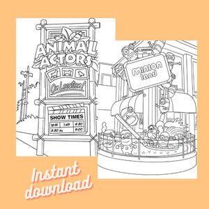 May include: Black and white line art of a Minions-themed coloring page. The image features the words "ANIMAL ACTORS" and "Minion Land", along with showtimes. The phrase "Instant download" is also present.