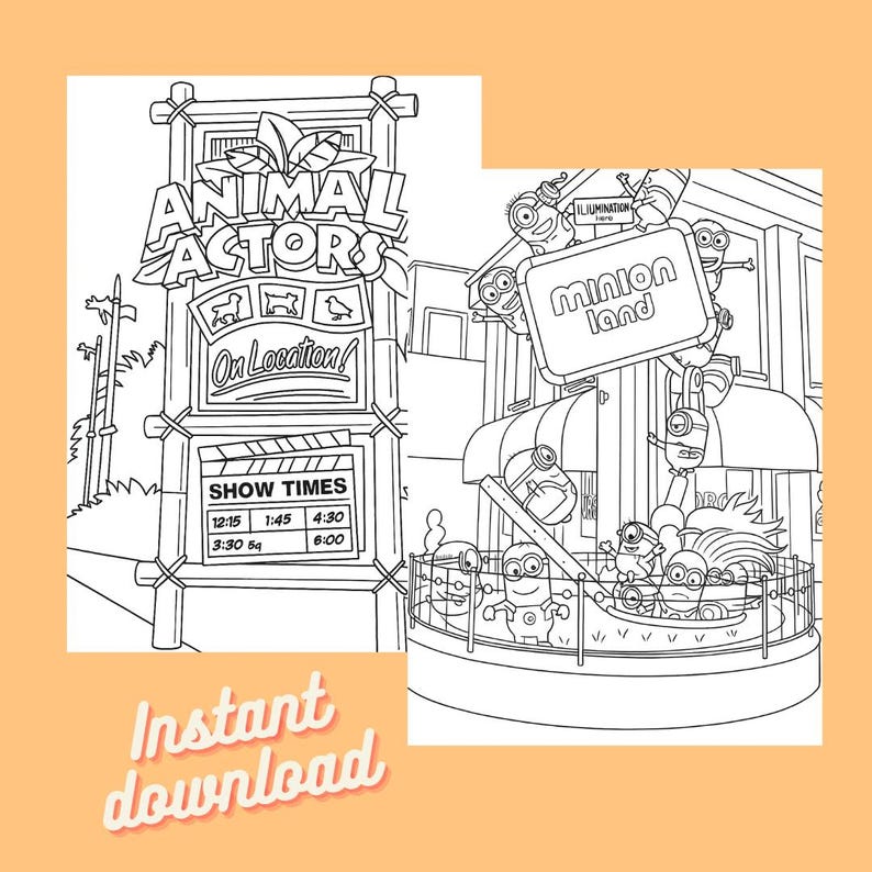 May include: Black and white line art of a Minions-themed coloring page. The image features the words "ANIMAL ACTORS" and "Minion Land", along with showtimes. The phrase "Instant download" is also present.