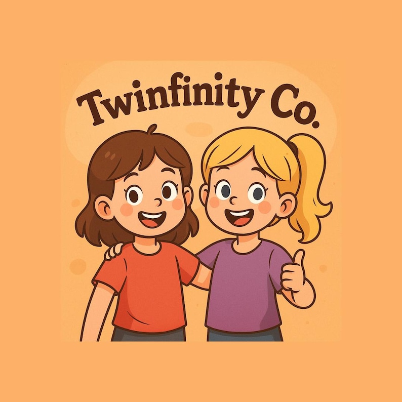 May include: Cartoon illustration featuring two girls, one with brown hair and an orange top, the other with blonde hair and a purple top. The text "Twinfinity Co." is above them.