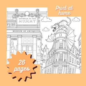 May include: Black and white line art colouring pages featuring architectural scenes. One page shows a building with "REVENGE OF THE MUMMY" and "MUSEUM OF ANTIQUITIE" text. Another depicts a building with a dragon and "GRINGOTTS" text. The image also includes "Print at home" and "26 pages" text.