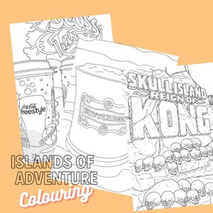Puede incluir: Páginas para colorear en blanco y negro con Coca-Cola Freestyle, Butterbeer y Skull Island Reign of Kong. El texto "Islands of Adventure Colouring" está en la parte inferior de la imagen.