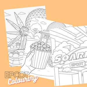Peut inclure: Page de coloriage en noir et blanc représentant un seau de pop-corn, un bâtiment avec le texte "POP" et "EPCOT" et une pancarte indiquant "SOAR!"