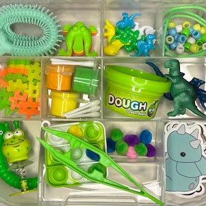 May include: A clear plastic organizer filled with various colorful toys and craft supplies. Includes a green slinky, a frog, small dinosaur figures, beads, playdough, and a green pop-it toy. The playdough container reads "Dough Green Apple".