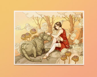 Art Nouveau Print "Rebuilding" - woman, steampunk robotic lion, fantasy, giclee