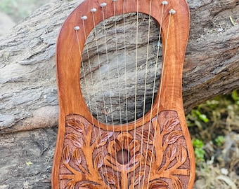 Rosewood New Flower Lyre Handmade 10 Metal Strings Lyre Harp With Free Strings, Tuning Key & Bag