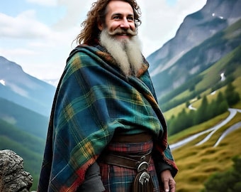 May include: A person wearing traditional Scottish attire, including a blue and green plaid shawl and matching kilt. The outfit is complemented by a brown leather belt and sporran. The background features a mountainous landscape with a winding road.