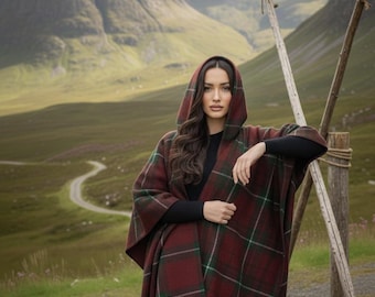 Women's Tartan Poncho Cape Scottish Vintage Plaid Hoodie Ruana Shawl Highland Winter Extra Warm Wrap With Fringes Offered in 50+ Tartans