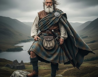 May include: A man in traditional Scottish attire stands on a rocky outcrop. He wears a blue and green plaid kilt, a brown leather vest, and a matching plaid shawl secured with a silver brooch. A sporran hangs from his belt, and he carries a sword.