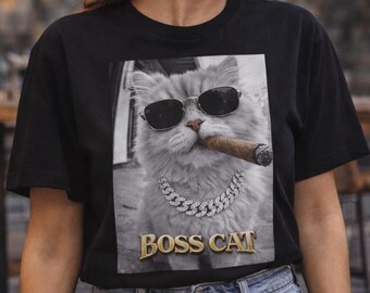 Funny Cat T-shirt ,Boss Cat Tuxedo Cat Shirt, Dark Humor Streetwear Tee