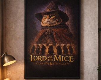 Funny Cat Wall Art ,Lord of the Mice Cat Wizard Poster, Dark Humor Fantasy Art Print