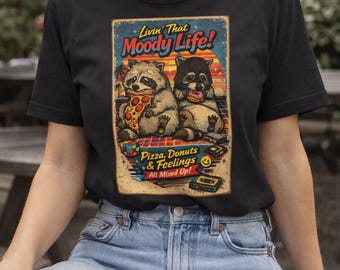 Funny Raccoon Shirt Retro Vintage Dark Humor Tee, Pizza Donut Graphic, Moody Life Aesthetic Gift for Introverts