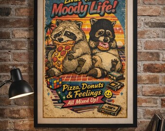 Funny Raccoon Poster Retro Vintage Dark Humor Wall Art, Pizza Donut Aesthetic Print, Moody Life Room Decor