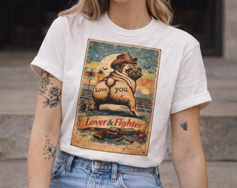 Funny Pug T-Shirt, Lover & Fighter Dog Shirt, Vintage Style Cute Dog Tee