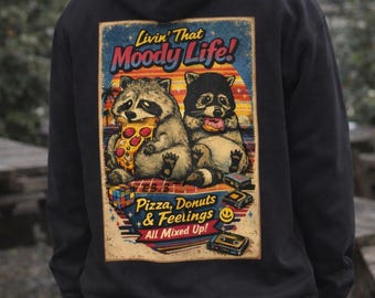 Funny Raccoon Hoodie Retro Vintage Dark Humor Sweatshirt, Pizza Donut Graphic, Moody Life Aesthetic Unisex Gift