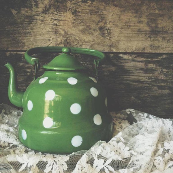 Old Enamel Polka Dot Tea Pot Soring Green Wedding Decor Junk Love and Co