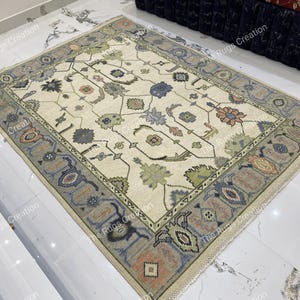 8x10 Oushak Rug – Soft Blueish Gray Beige Gold Green Red Persian Style Afghan Wool Carpet – Hand Knotted Veg Dyed Oriental Bedroom Area Rug