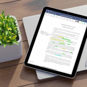 May include: A digital tablet displaying a document with highlighted text and handwritten notes, resting on a laptop. A white stylus lies nearby. A small, square, white planter with green and yellow leafy plants sits on a wooden surface.